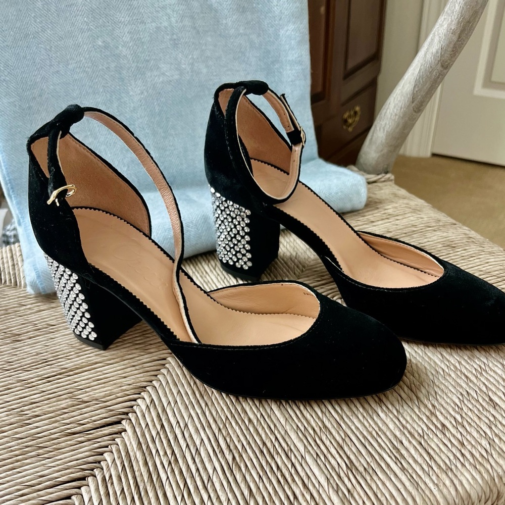 J. Crew Black Velvet Heels with Crystal Embellishments